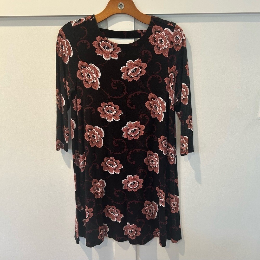 Loft Women's Black Dress Pink Flowers‎ Swing 3/4 Sleeve Casual Small Petite